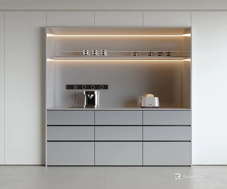 Modern Sleek Sideboard With Drawers Cabinets LED Lighting And Small Appliances 3d model 