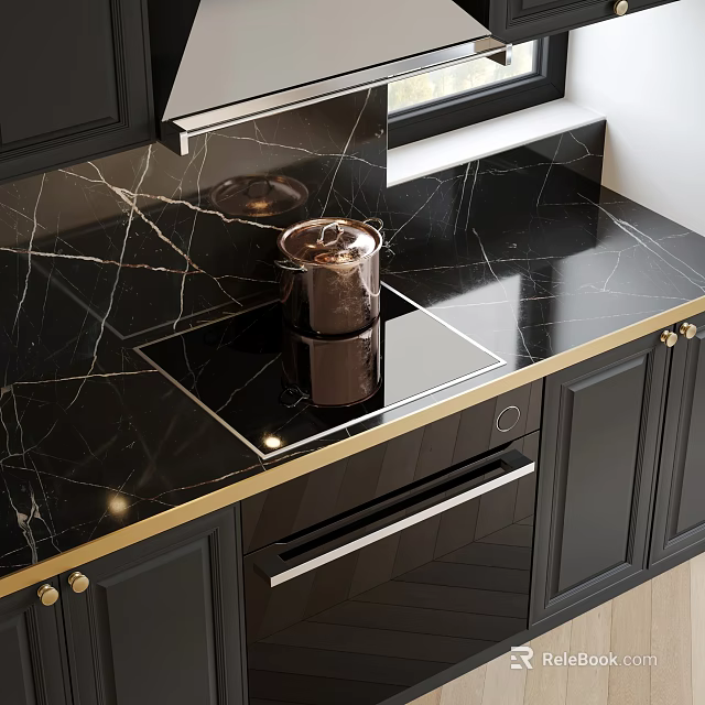 Elegant Modern Kitchen Interior With Black Cabinets Black Marble Countertop And Gold Handles 3d model 