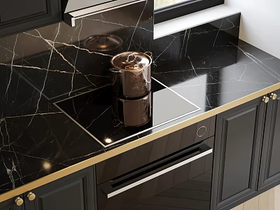 Elegant Modern Kitchen Interior With Black Cabinets Black Marble Countertop And Gold Handles 3d model