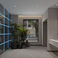 Modern Entertainment Space With Black Red Pool Tables Wall Posters Illuminated Sign And Gray Carpet