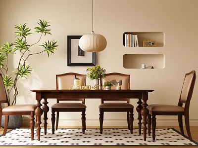 Wooden Dining Set With Pendant Light Green Plants And Wall Decor On Patterned Rug 3d model