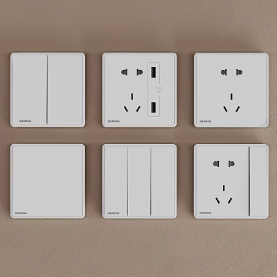 White Electrical Switch Panels With Different Types Including USB Ports And Power Outlets 3d model