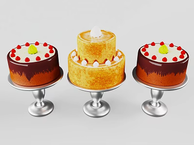 Elegant Tableware Set With Three Decorated Cakes Including Two Tier Design On Silver Stands 3d model