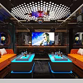 Modern KTV Lounge Interior With Orange Sofas Illuminated Coffee Tables And Large Screen TV
