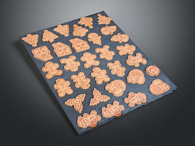 Golden Baked Cookies With Various Shapes On Blue Baking Tray 3d model