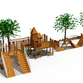 Wooden Playground Structures For Kindergarten With Trees And Slides 3d model