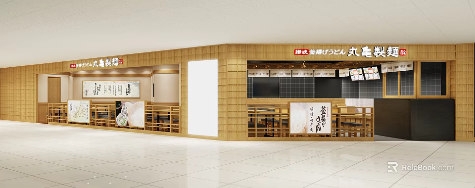 Japanese Style Restaurant Interior With Wooden Wall Open Dining Area And Bar Seats 3d model 