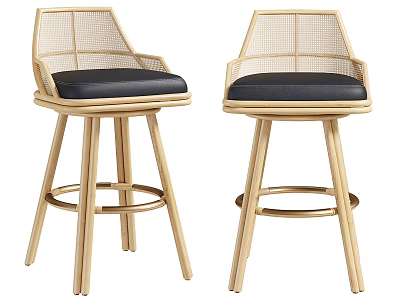 Rattan Backrest Bar Stools With Wooden Frame And Black Seat Cushion 3d model