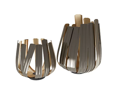 Two Piece Decorative Ornament Set With Silver Metal Strips And Wooden Accents Modern Abstract Design 3d model