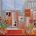 Orange Themed Exhibition Display With Photo Boards Text Content And Flower Decorations