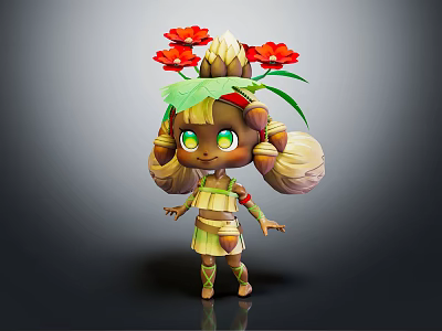 Cute Fantasy Character With Green Eyes Twin Ponytails In Plant Inspired Outfit With Red Flowers 3d model