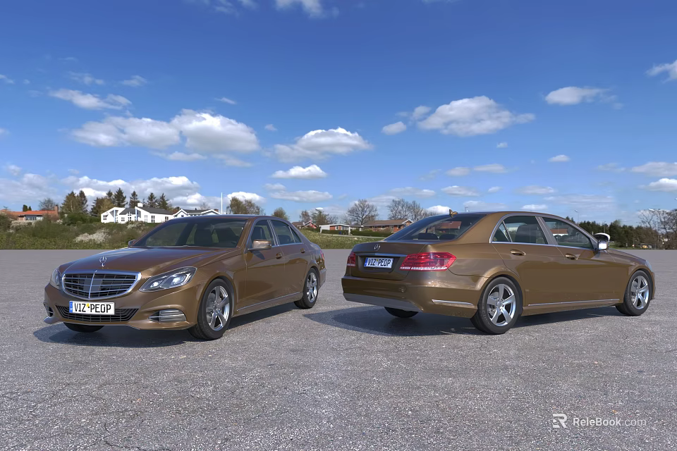 Two Brown Luxury Sedans Parked Outdoor With Blue Sky And White Clouds 3d model 