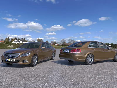 Two Brown Luxury Sedans Parked Outdoor With Blue Sky And White Clouds 3d model