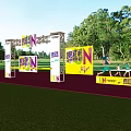 Outdoor Event Setup With Colorful RUN Letters Pink Ground Green Grass Trees And Signboards