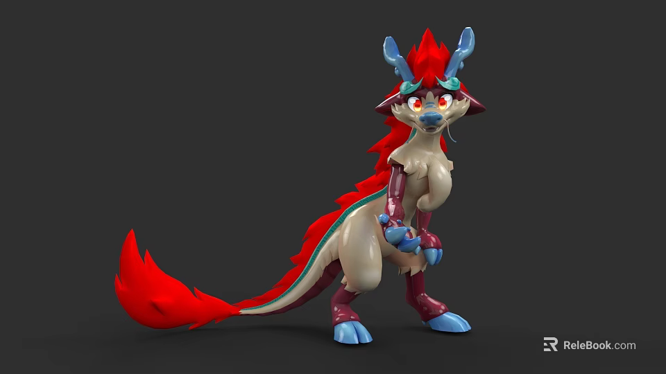 Vibrant Reptile 3D Model With Red Mane Blue Horns And White Body 3d model 