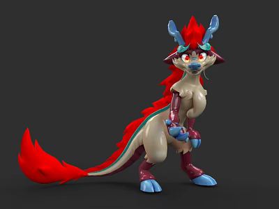Vibrant Reptile 3D Model With Red Mane Blue Horns And White Body 3d model