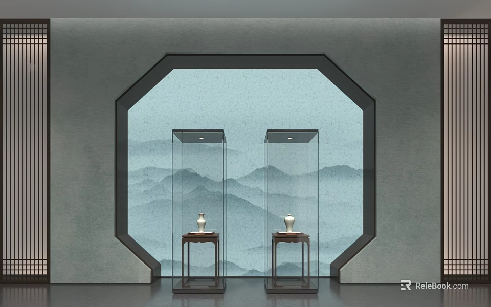 Cultural Art Exhibition Hall Featuring Octagonal Window Mountain Landscape And Porcelain Display Cases 3d model 