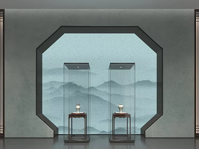 Cultural Art Exhibition Hall Featuring Octagonal Window Mountain Landscape And Porcelain Display Cases 3d model