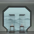 Cultural Art Exhibition Hall Featuring Octagonal Window Mountain Landscape And Porcelain Display Cases