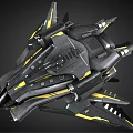 Sci-Fi Spaceship 3D Model Featuring Metallic Gray Body Yellow Accent Lines And Complex Structure