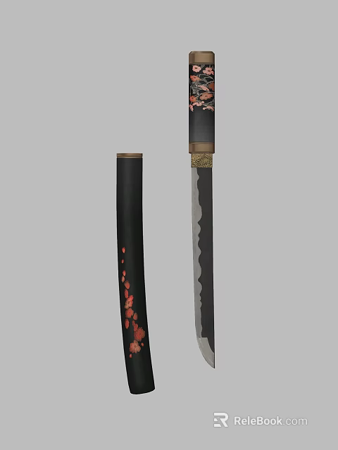 Japanese Traditional Katana Weapon with Black Scabbard Red Floral Designs and Silver Wavy Edge Blade 3d model 