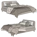 Modern Double Bed Design With Light Gray Headboard And Striped Plaid Bedding 3d model