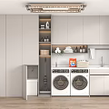 Modern Laundry Room Cabinet Rack With Double Washing Machines Sink And Cleaning Supplies Shelves