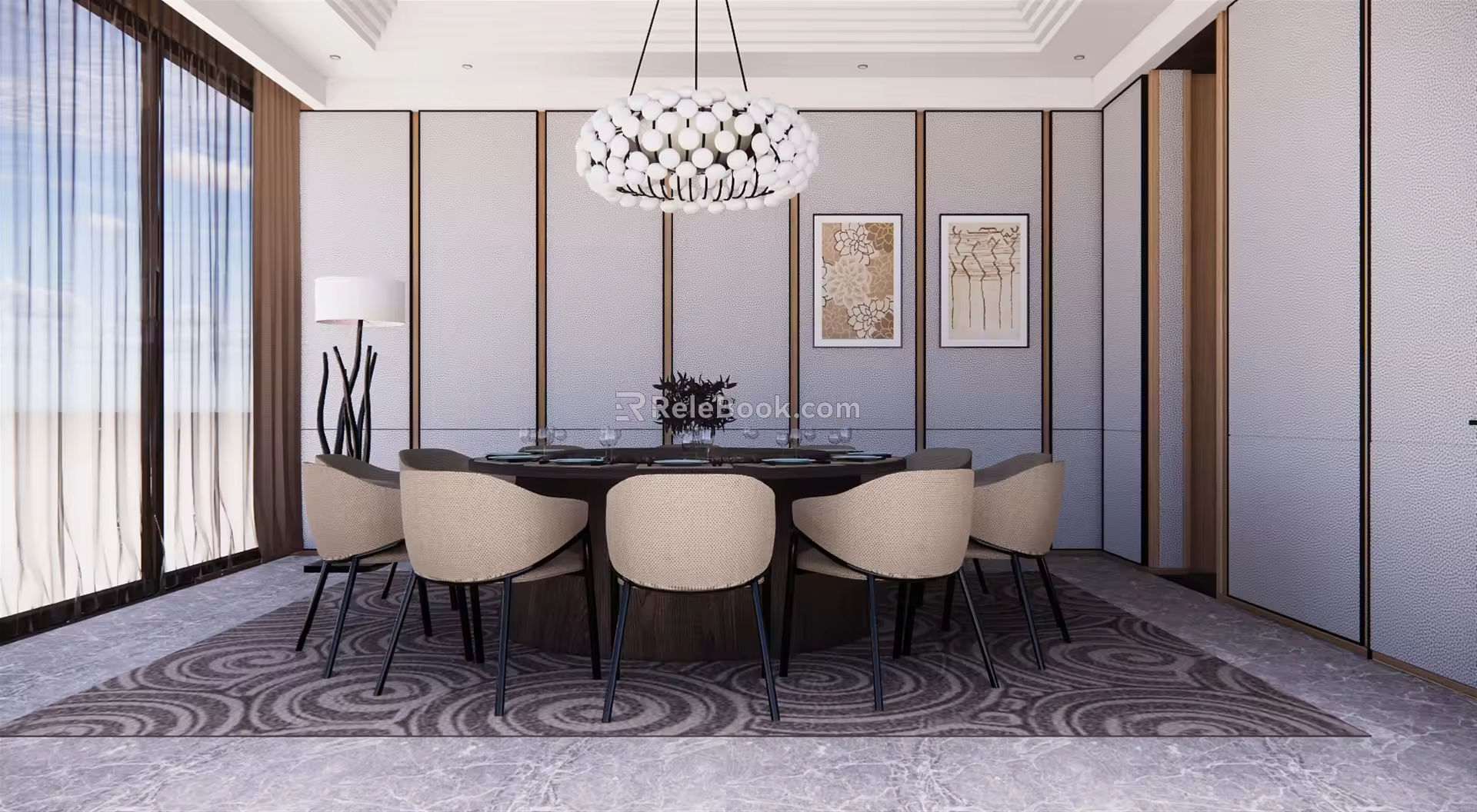 Modern private hotel box dining table combination background wall 3d model