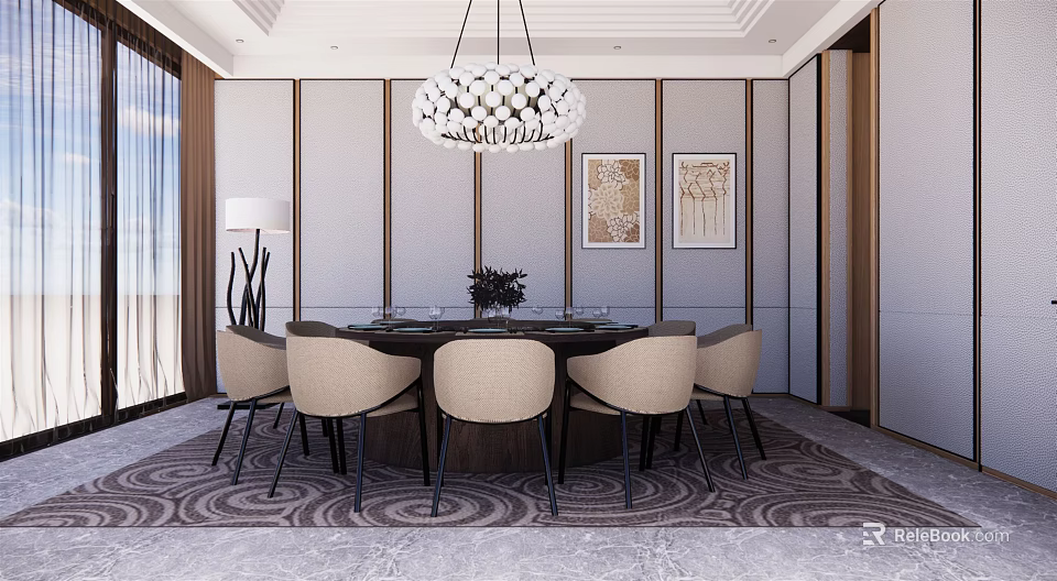Elegant Modern Private Room Interior With Round Dining Table Chairs Pendant Light And Rug 3d model 