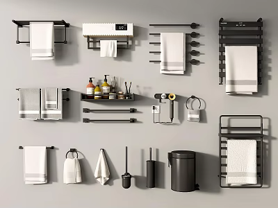 Bathroom Towels Hanging On Black Racks With Storage Shelves And Toiletries 3d model