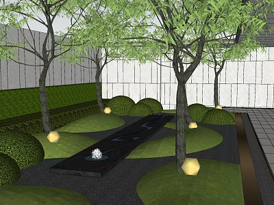 Karesansui Landscape Garden With Trimmed Hedges Black Gravel Path And Round Lanterns 3d model