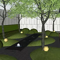 Karesansui Landscape Garden With Trimmed Hedges Black Gravel Path And Round Lanterns