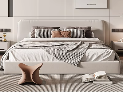 Double Bed With White Headboard Plush Pillows Checkered Blanket Nightstands Gold Decor And Striped Rug 3d model