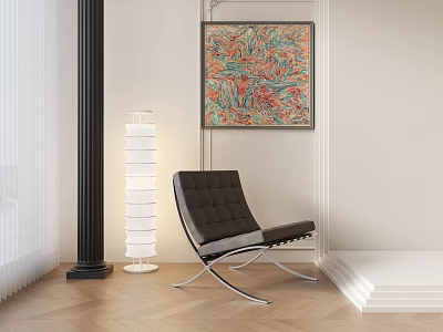 Black Leather Single Sofa with Metal Frame White Floor Lamp and Colorful Abstract Painting 3d model
