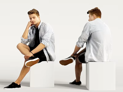 Man Sitting on White Cube Wearing Light Shirt Black Shorts Black Shoes with White Soles 3d model