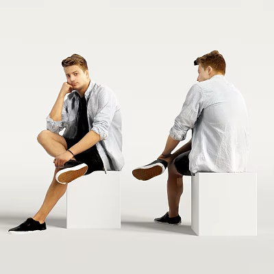 Man Sitting on White Cube Wearing Light Shirt Black Shorts Black Shoes with White Soles 3d model