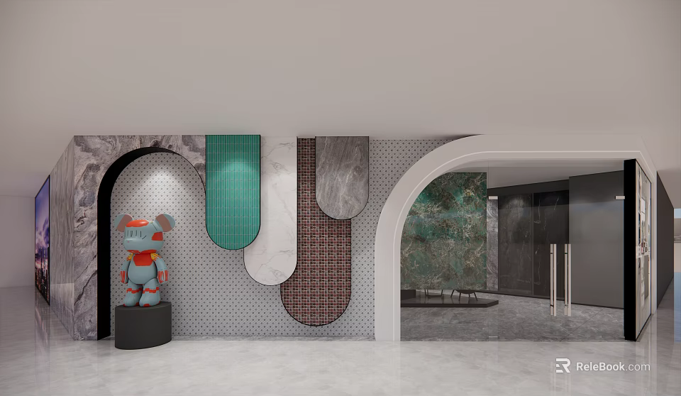 Modern Storefront Entrance Design With Arched Doorway Various Textured Panels And Decorative Doll 3d model 