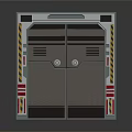 Futuristic Industrial Double Door Structure With Metallic Frame Warning Stripes And Circular Controls