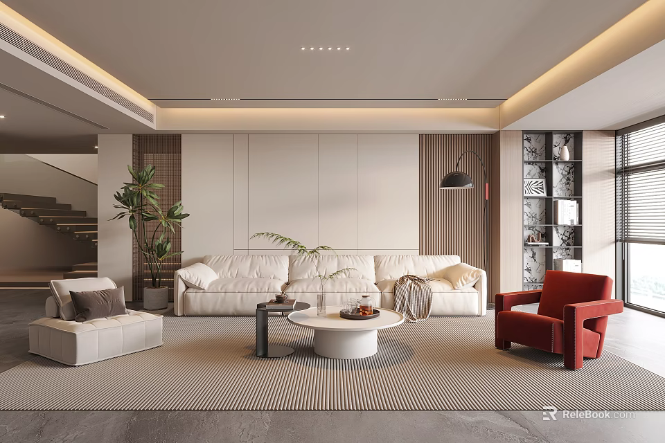 Elegant Modern Living Room Interior With White Sofa Red Accent Chair And Round Coffee Table 3d model 