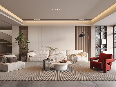 Elegant Modern Living Room Interior With White Sofa Red Accent Chair And Round Coffee Table 3d model