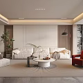Elegant Modern Living Room Interior With White Sofa Red Accent Chair And Round Coffee Table