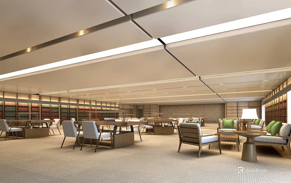 Modern Book Art Reading Room Design With Spacious Bookshelves And Bright Lighting 3d model 
