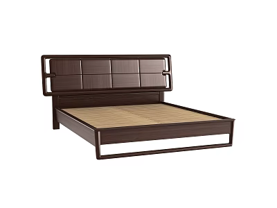 Modern Wooden Double Bed Frame With Stylish Geometric Headboard Design 3d model