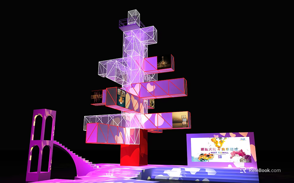 Modern Multilayer Exhibition Structure With Purple Lighting Stairs And Display Platforms 3d model