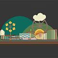 Amusement Park Rides Featuring Roller Coaster Ferris Wheel Windmill Green Hills Clouds And Sun