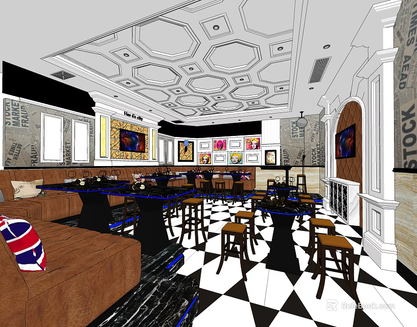 Modern KTV Interior With Comfortable Sofas Tables Chairs Stylish Ceiling Design Black White Checkered Floor 3d model