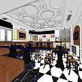 Modern KTV Interior With Comfortable Sofas Tables Chairs Stylish Ceiling Design Black White Checkered Floor 3d model