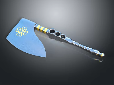 Decorative Battle Axe With Blue Blade Golden Celtic Knot And Twisted Silver Handle 3d model