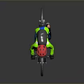 Cyclist Riding Bicycle With Red Helmet Sunglasses Green Jacket Blue Pants And Backpack