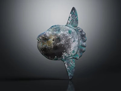 Artistic Fish Sculpture With Teal Color And Mottled Texture On Dark Background 3d model